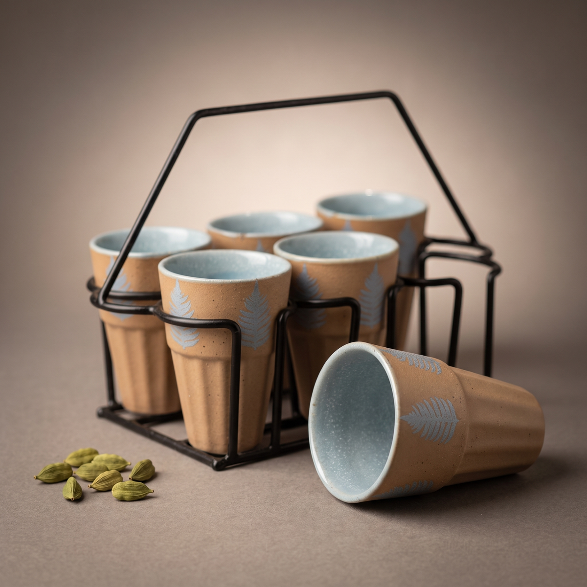 Dual Tone cutting chai glass set with stand (set of 6)
