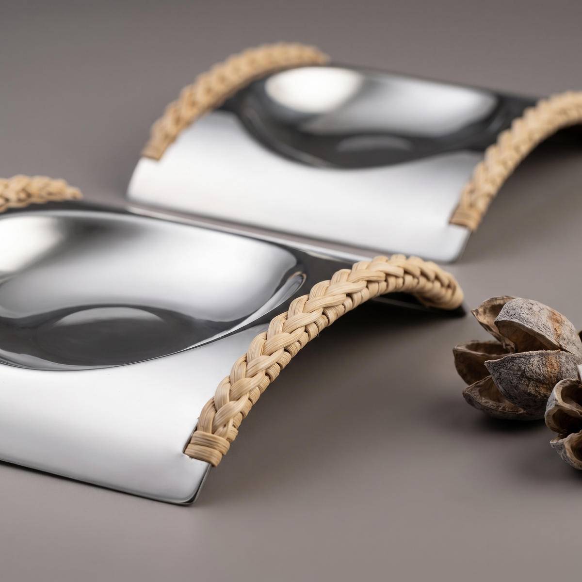 Rattan stainless steel spoon rests (set of 2)