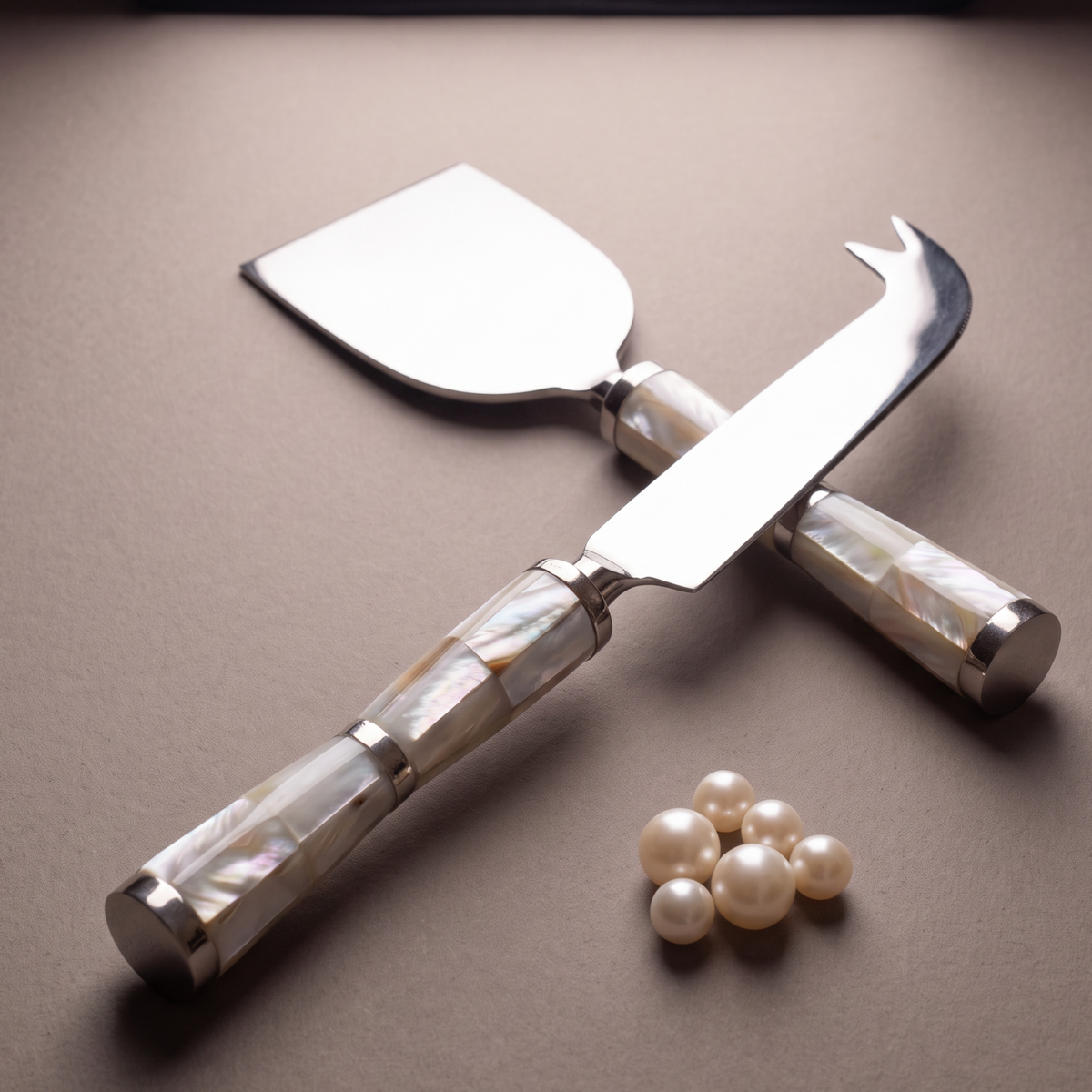 White mother-of-pearl cheese knife set of 2