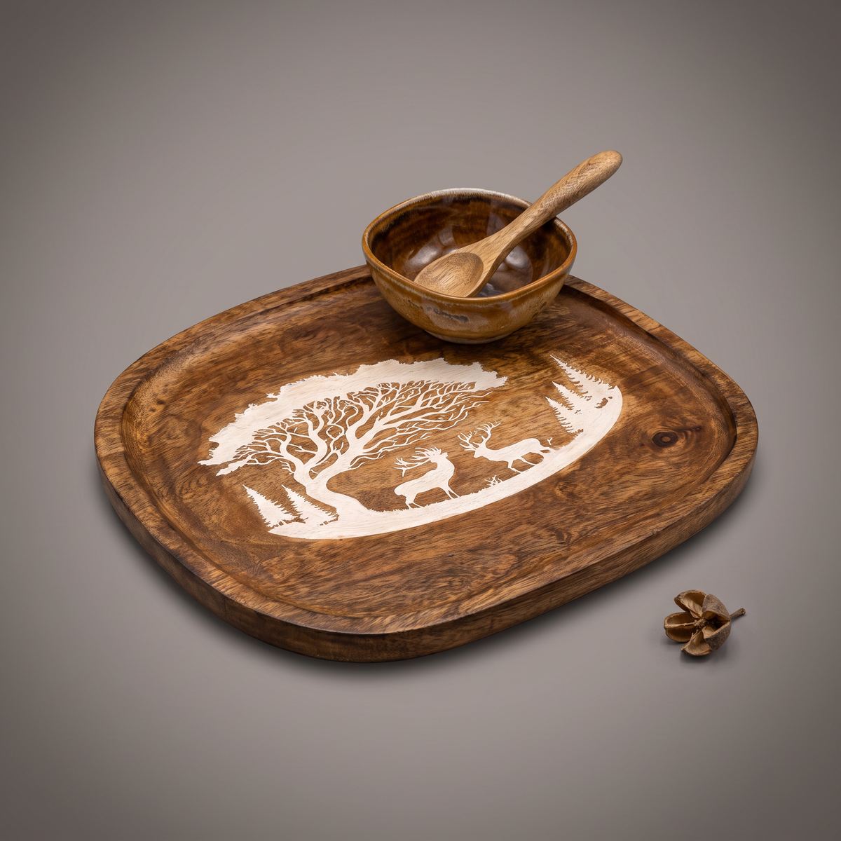 Forest Silhouette White square platter (with dip bowl and spoon)