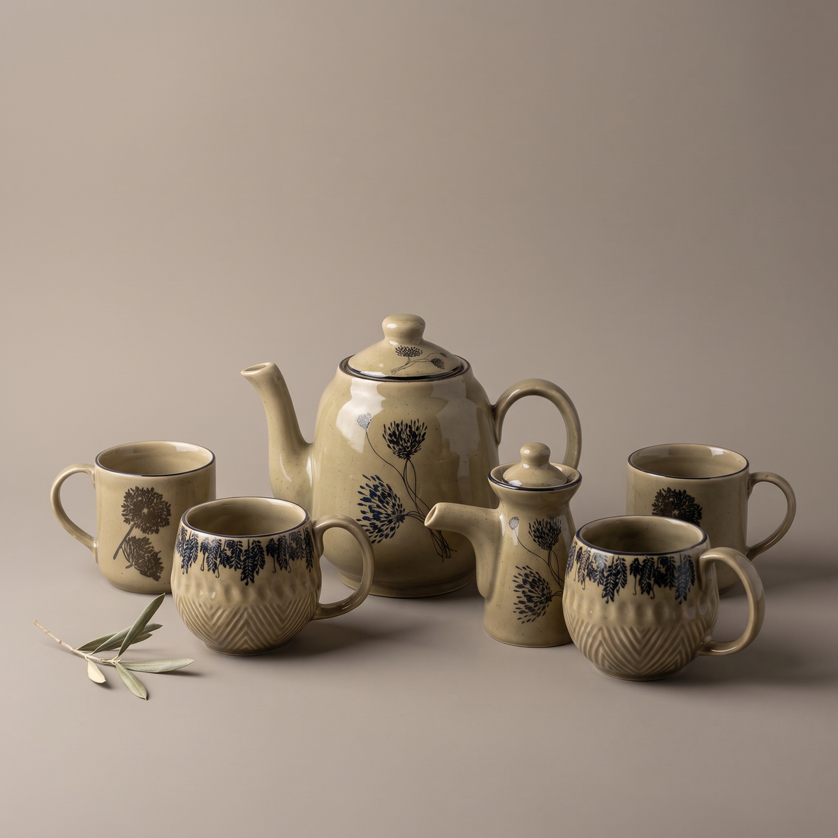 Olive & Dandelion tea set (kettle, milk pot and set of 4 mugs)