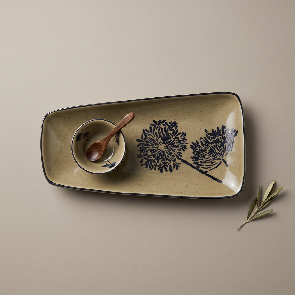 Olive & Dandelion large rectangular platter (with dip bowl & spoon)