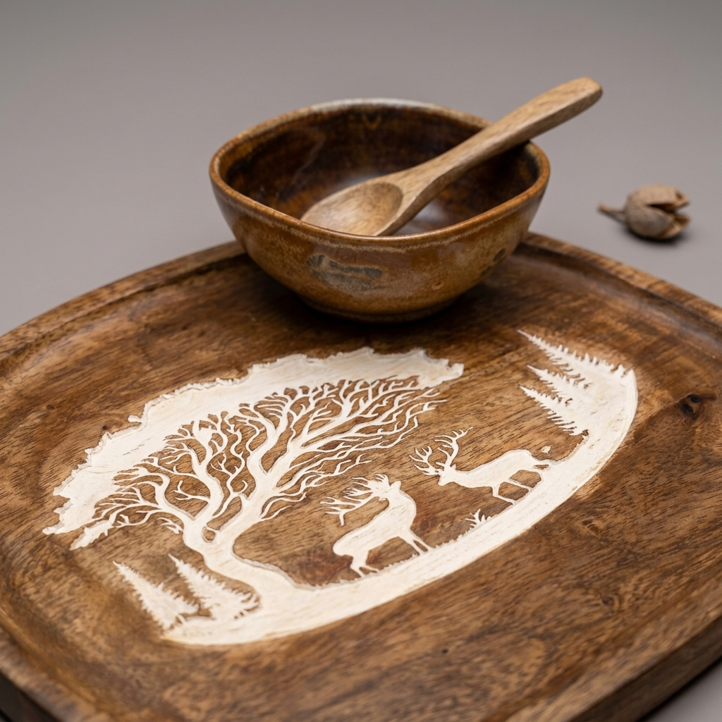 Forest Silhouette White square platter (with dip bowl and spoon)