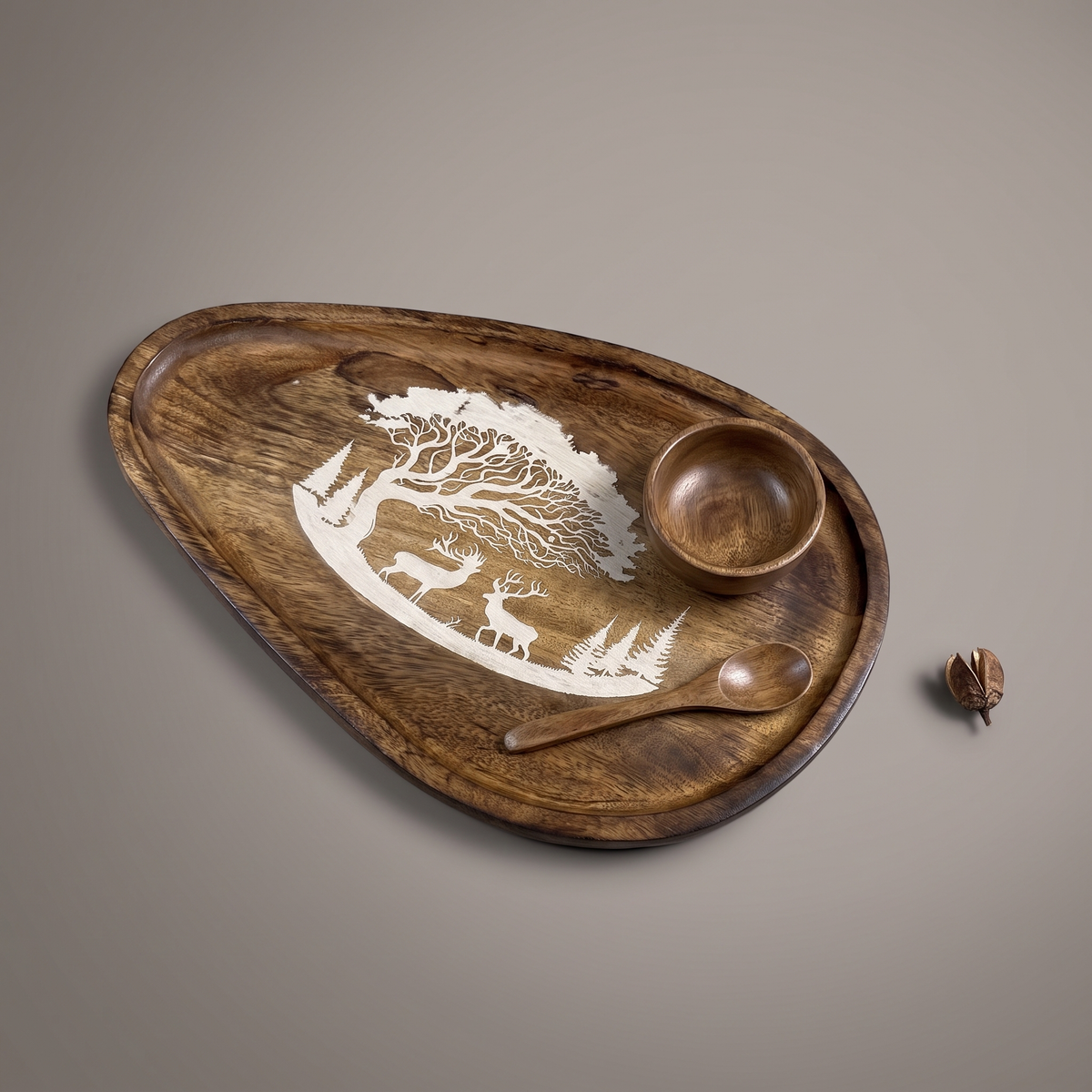 Forest Silhouette White oval platter (with dip bowl and spoon)