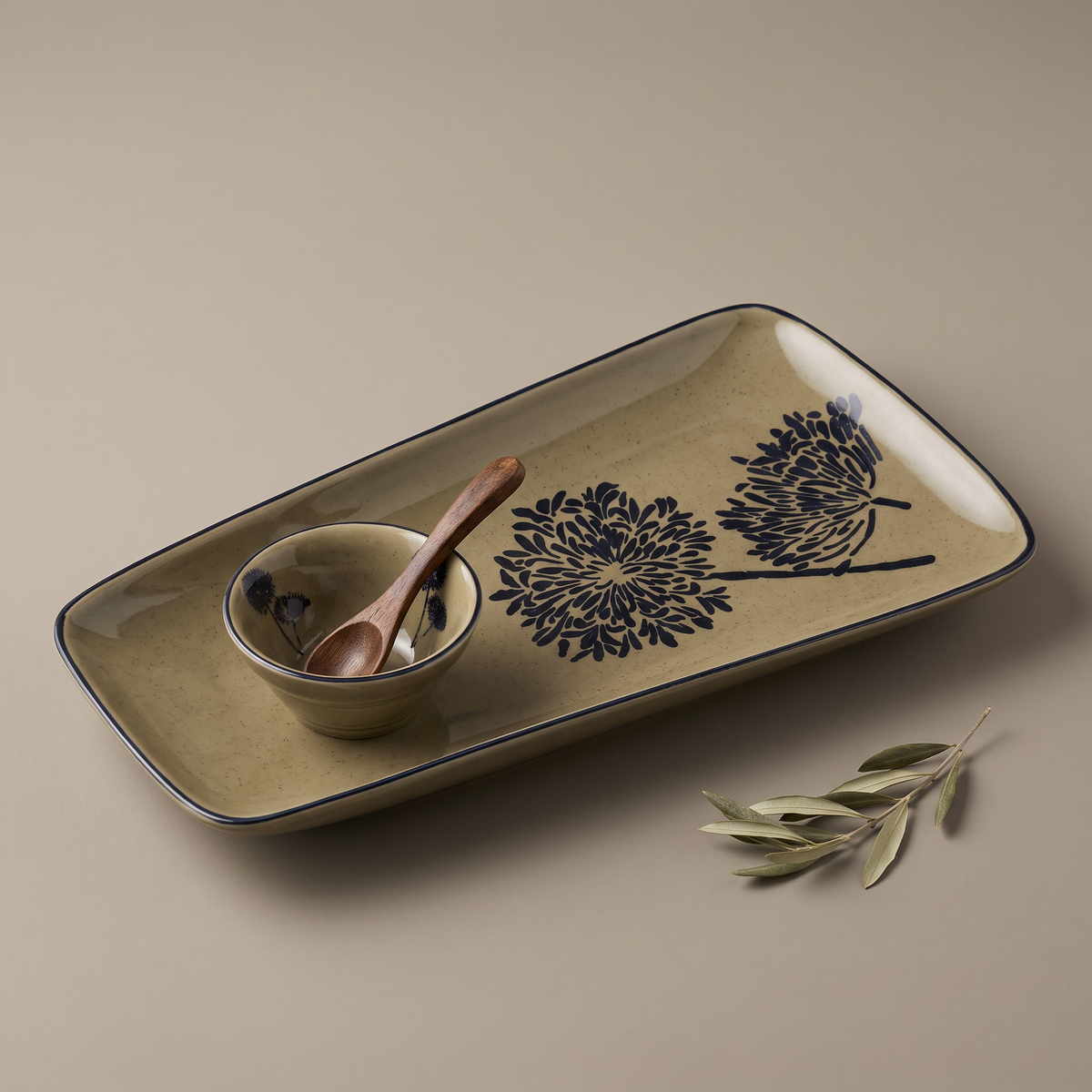 Olive & Dandelion large rectangular platter (with dip bowl & spoon)