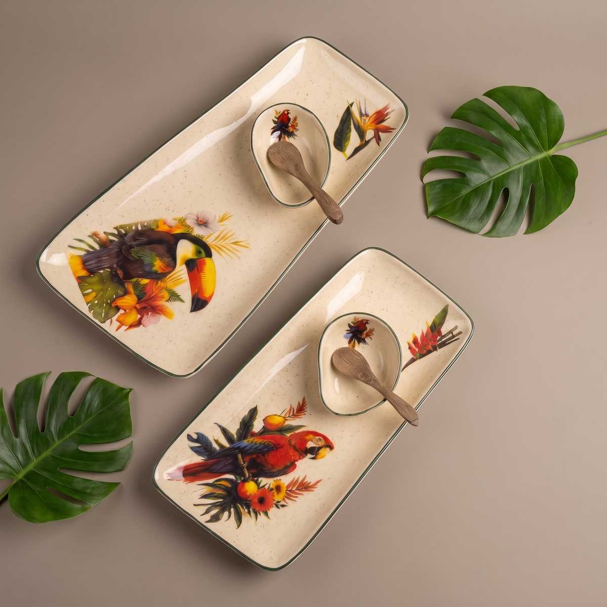 Tropical large rectangular platter (with dip bowl and spoon)
