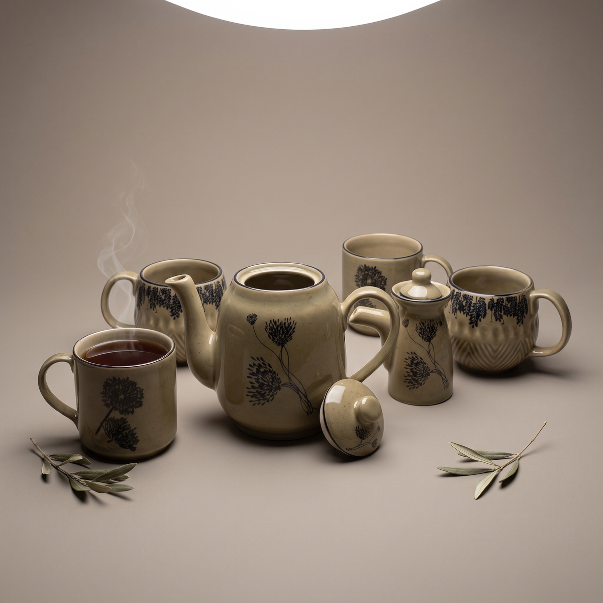 Olive & Dandelion tea set (kettle, milk pot and set of 4 mugs)