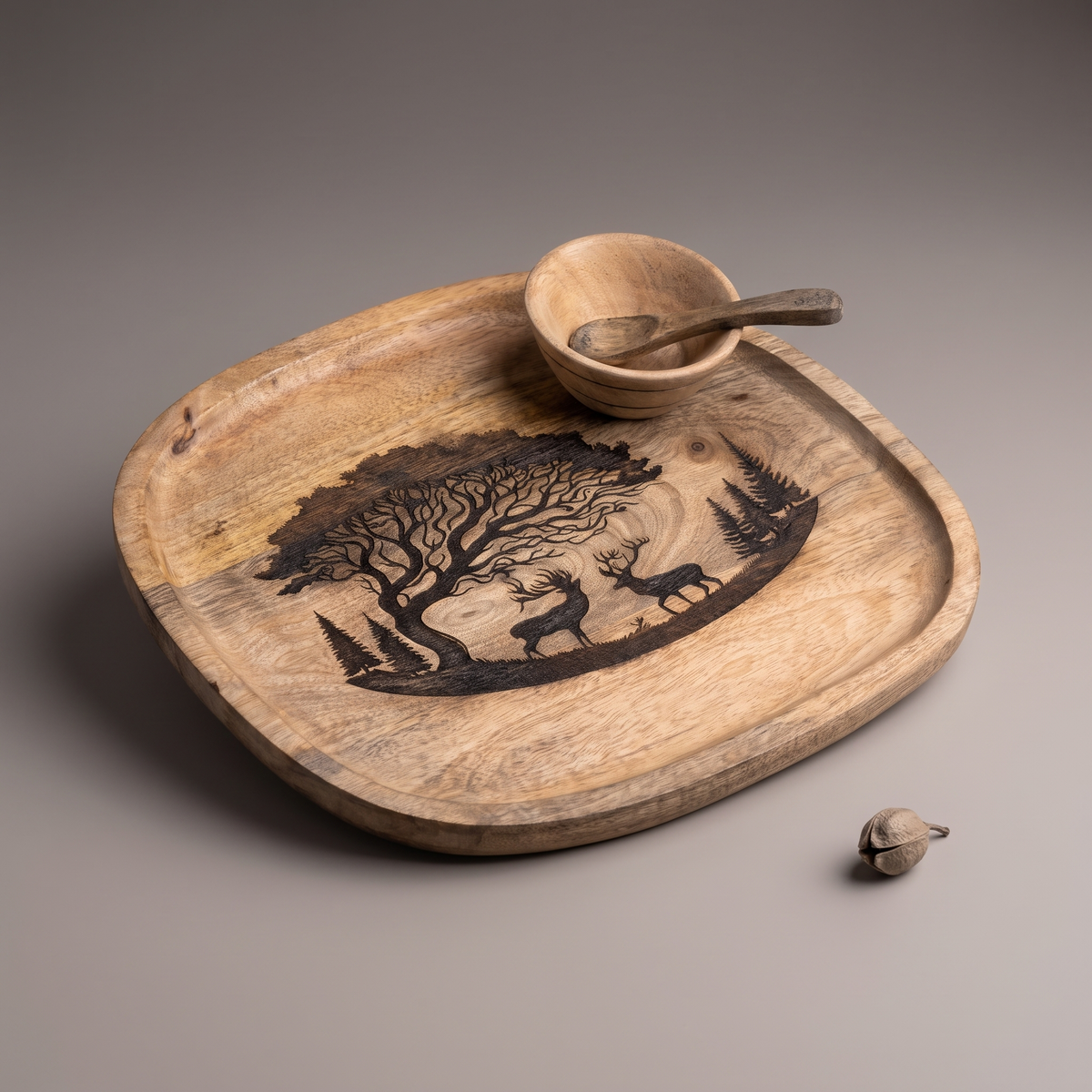 Forest Silhouette Black square platter (with dip bowl and spoon)