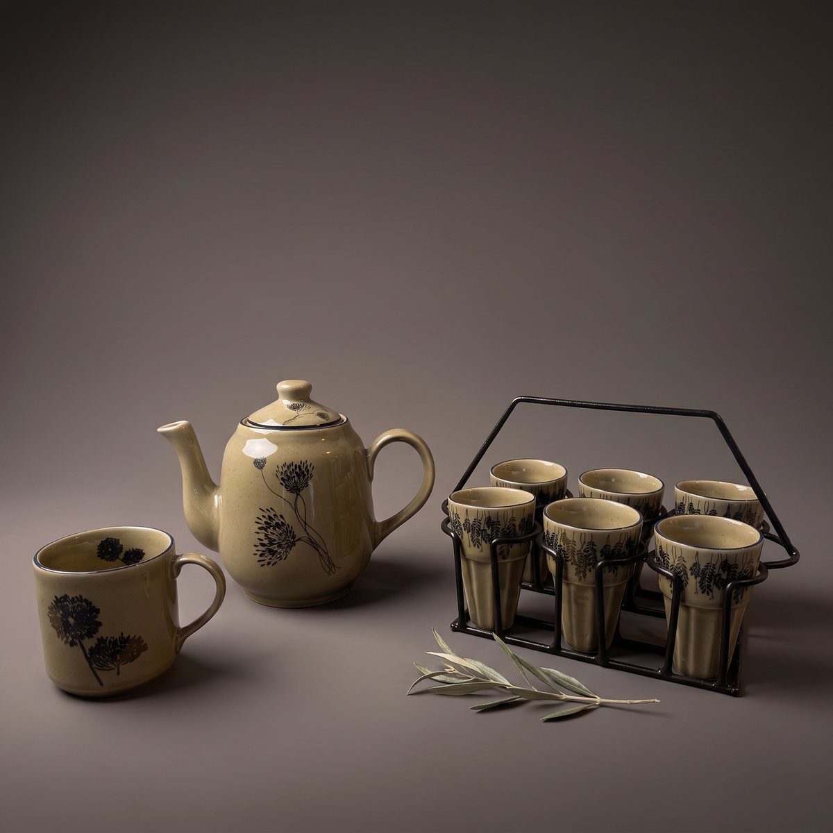 Olive & Dandelion cutting chai glass set with stand (set of 6)