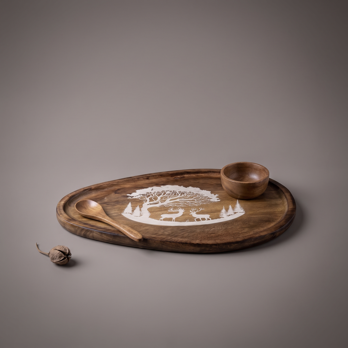 Forest Silhouette White oval platter (with dip bowl and spoon)