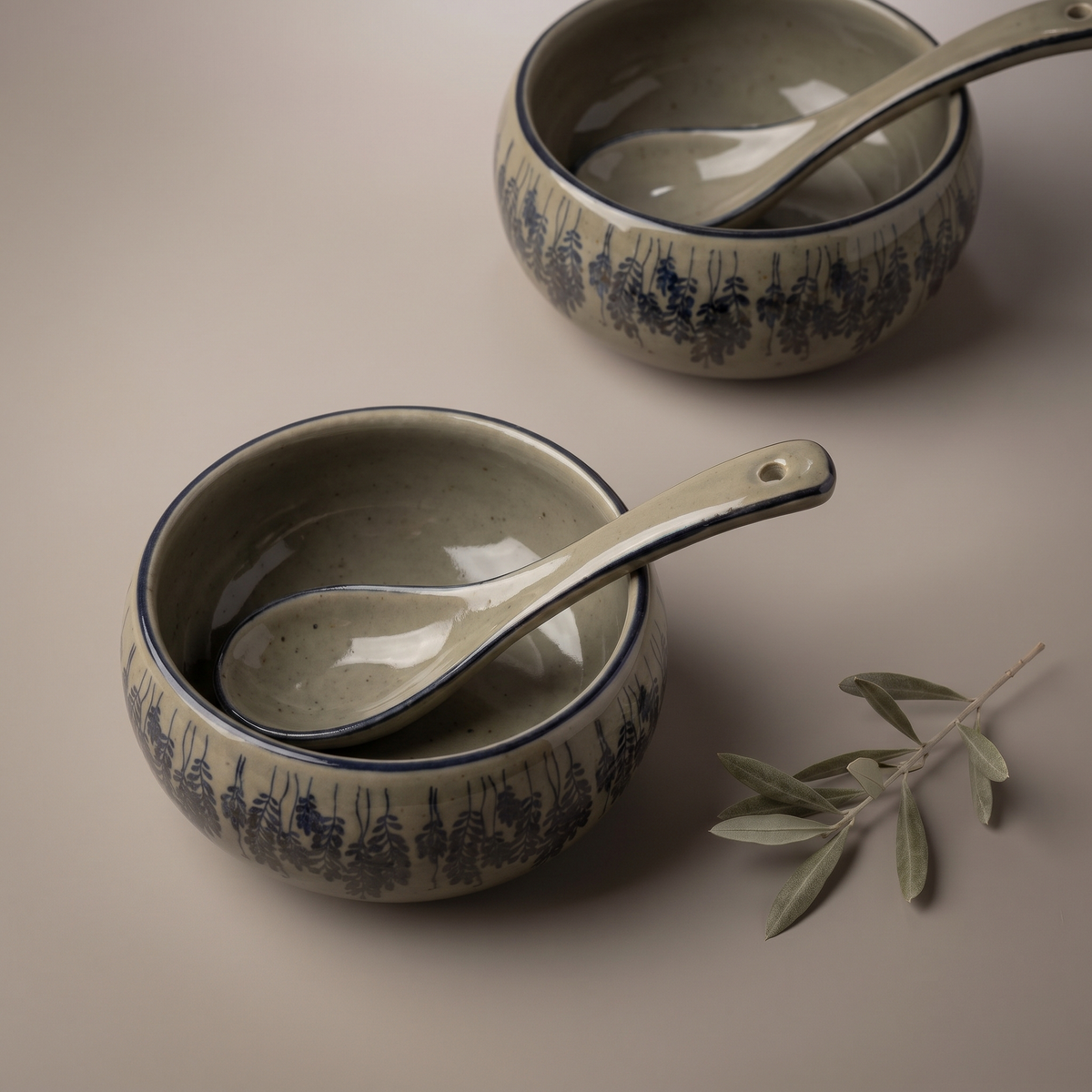 Olive & Dandelion soup bowls with spoons (set of 4)