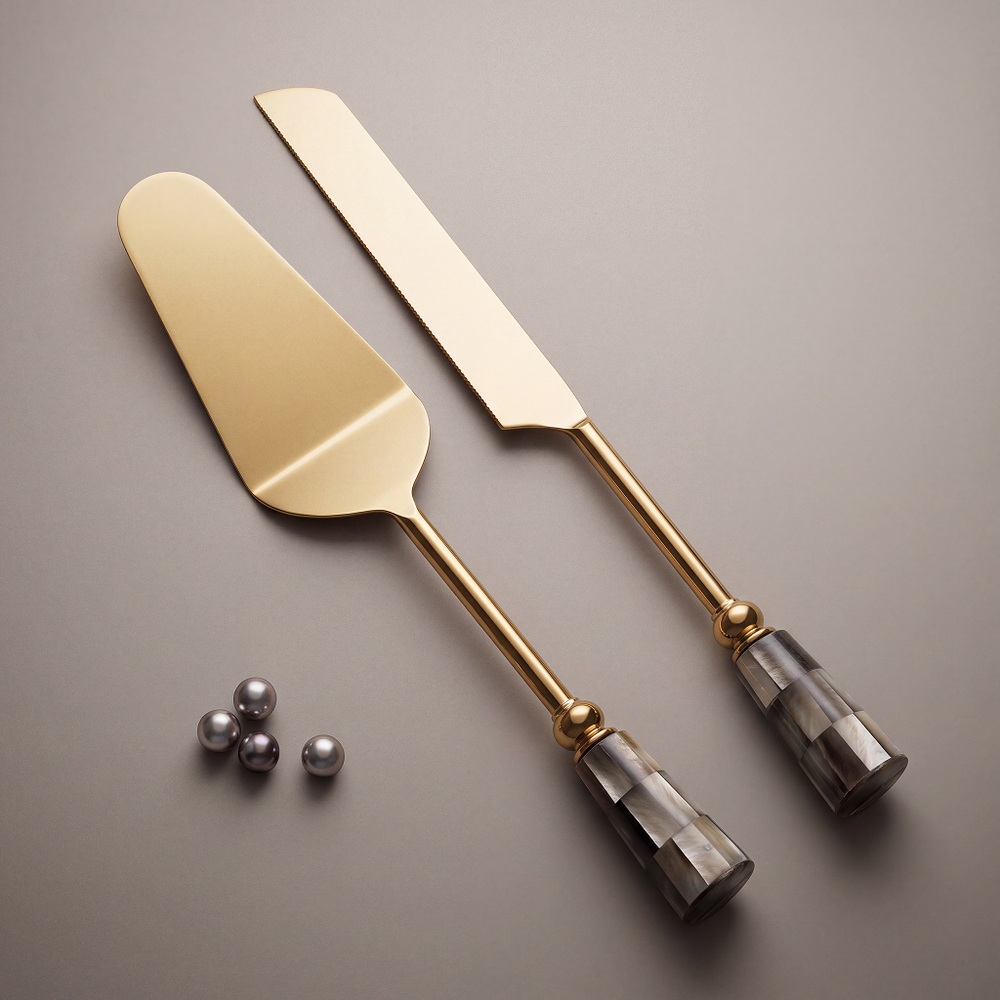 Black mother-of-pearl cake set of 2 (knife with cake lifting spatula)