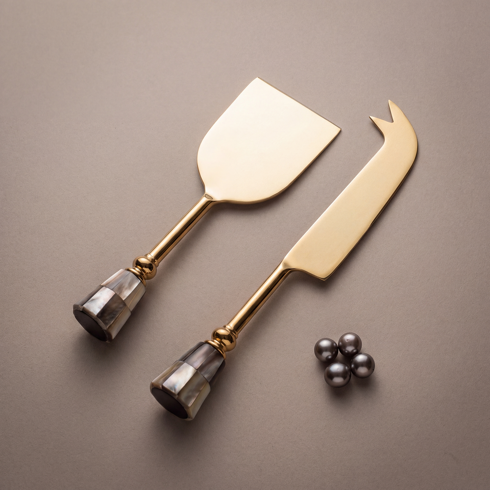 Black mother-of-pearl cheese knife set of 2