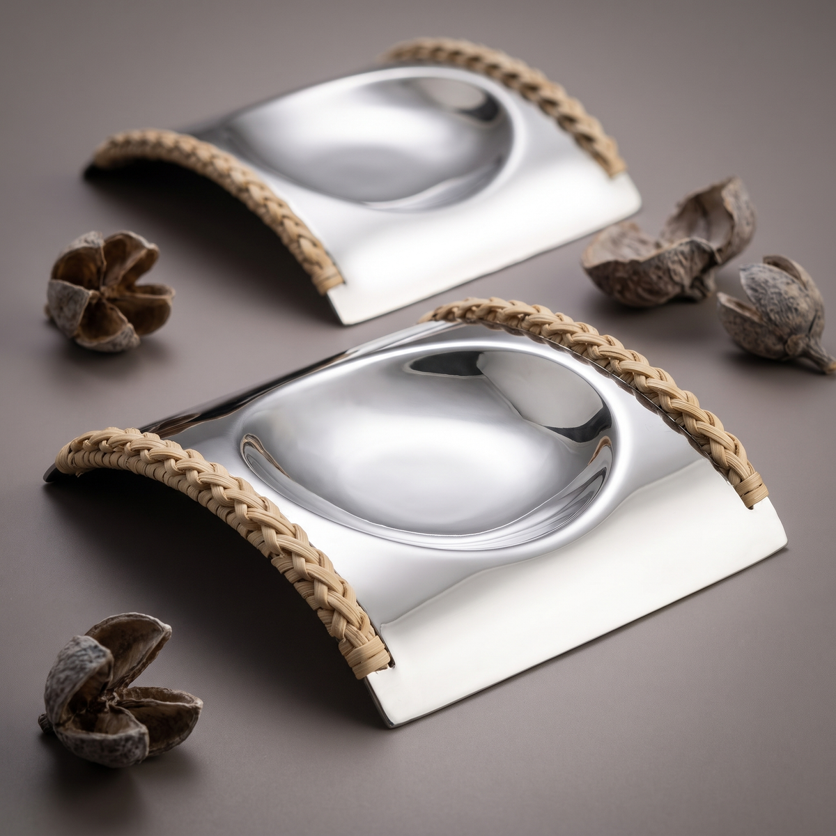 Rattan stainless steel spoon rests (set of 2)