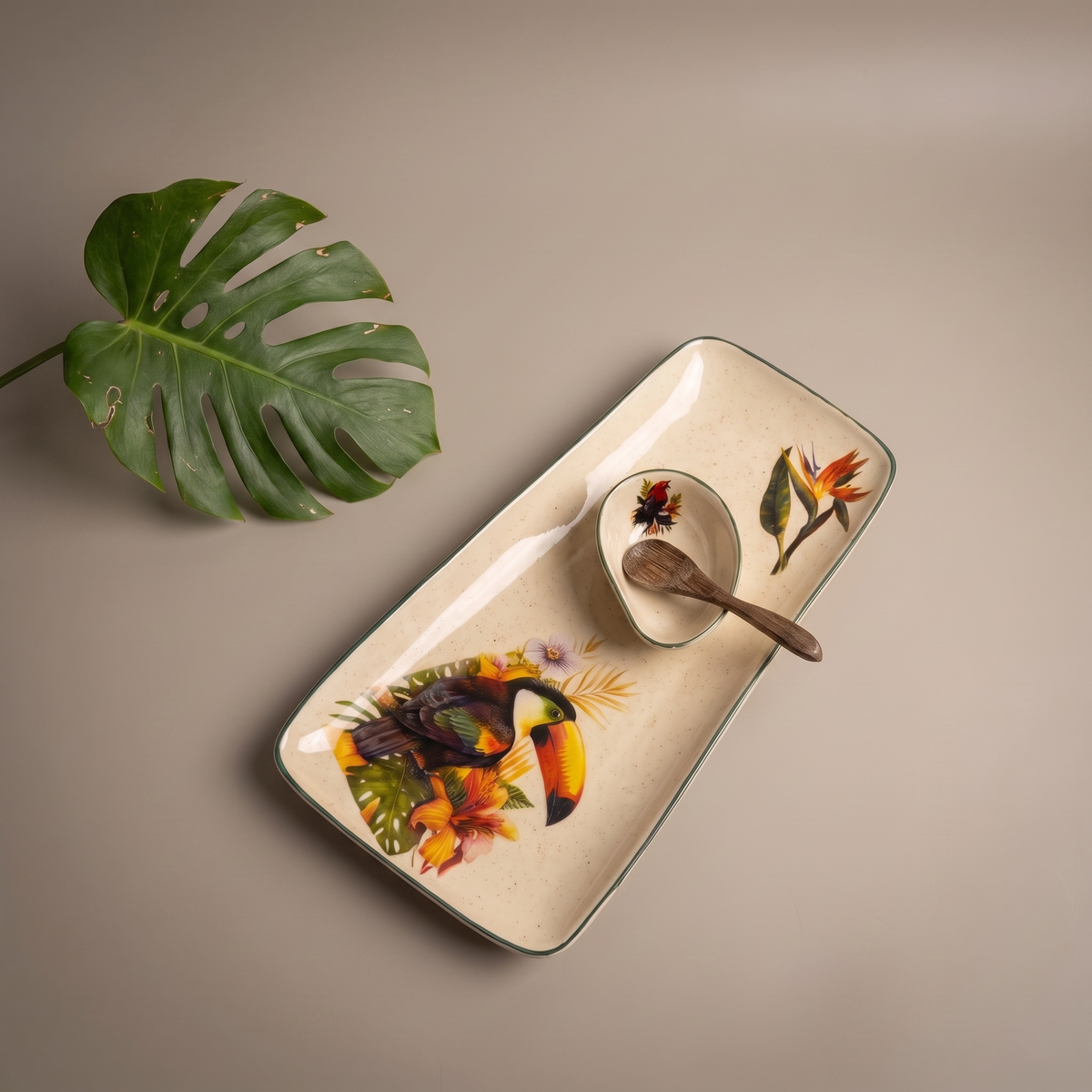 Tropical large rectangular platter (with dip bowl and spoon)