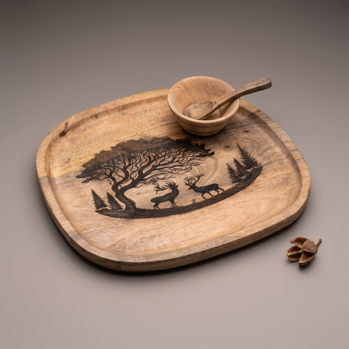 Forest Silhouette Black square platter (with dip bowl and spoon)