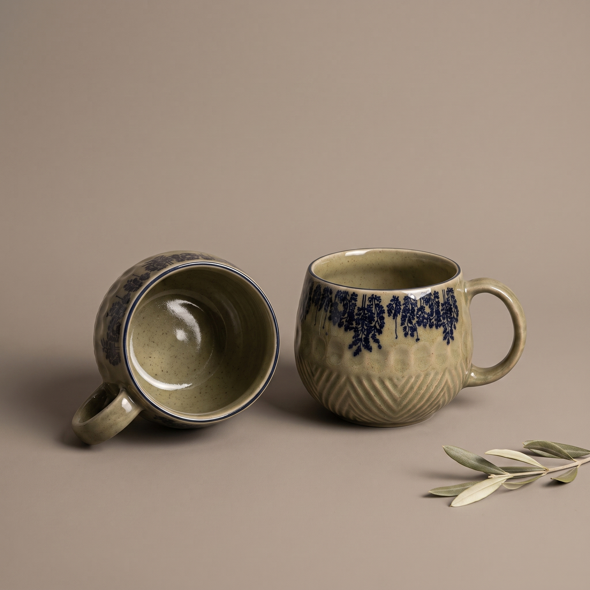 Olive & Dandelion embossed coffee mugs (set of 2)