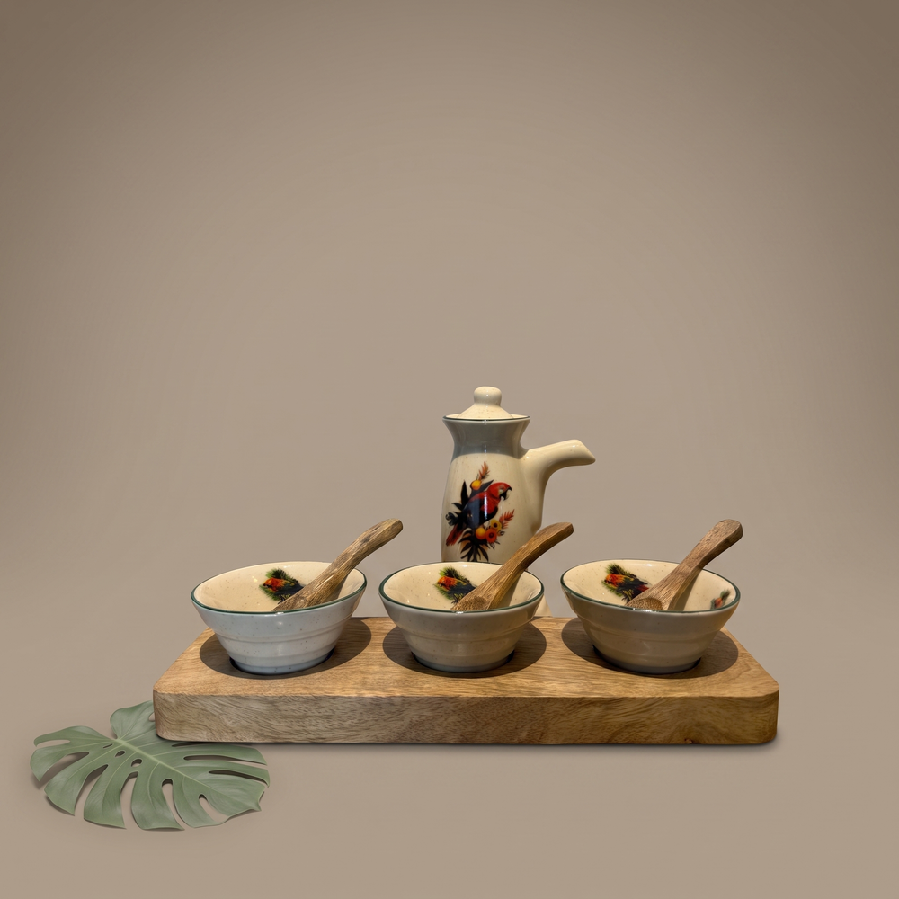 Tropical triple dip tray with sauce kettle