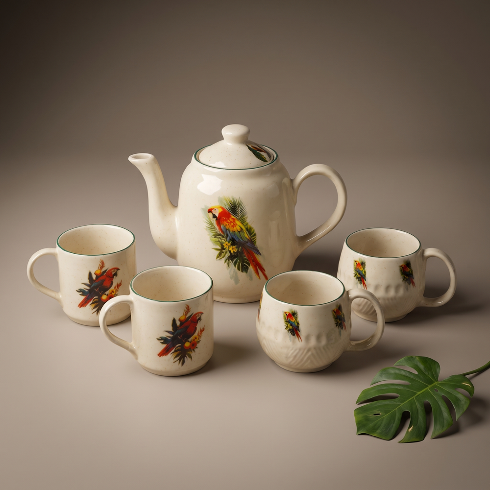 Tropical tea set (kettle, milk pot, cups set of 4)