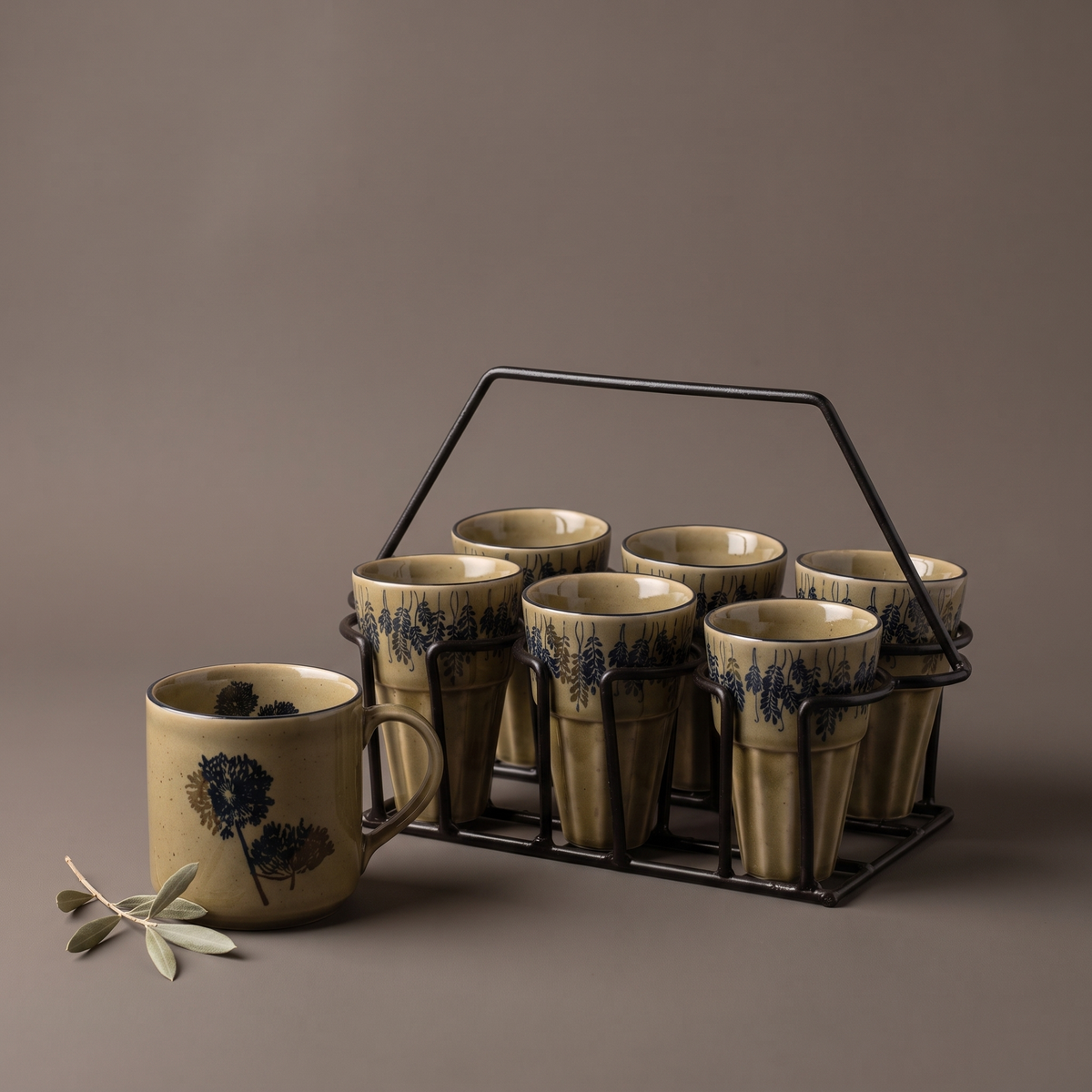 Olive & Dandelion cutting chai glass set with stand (set of 6)