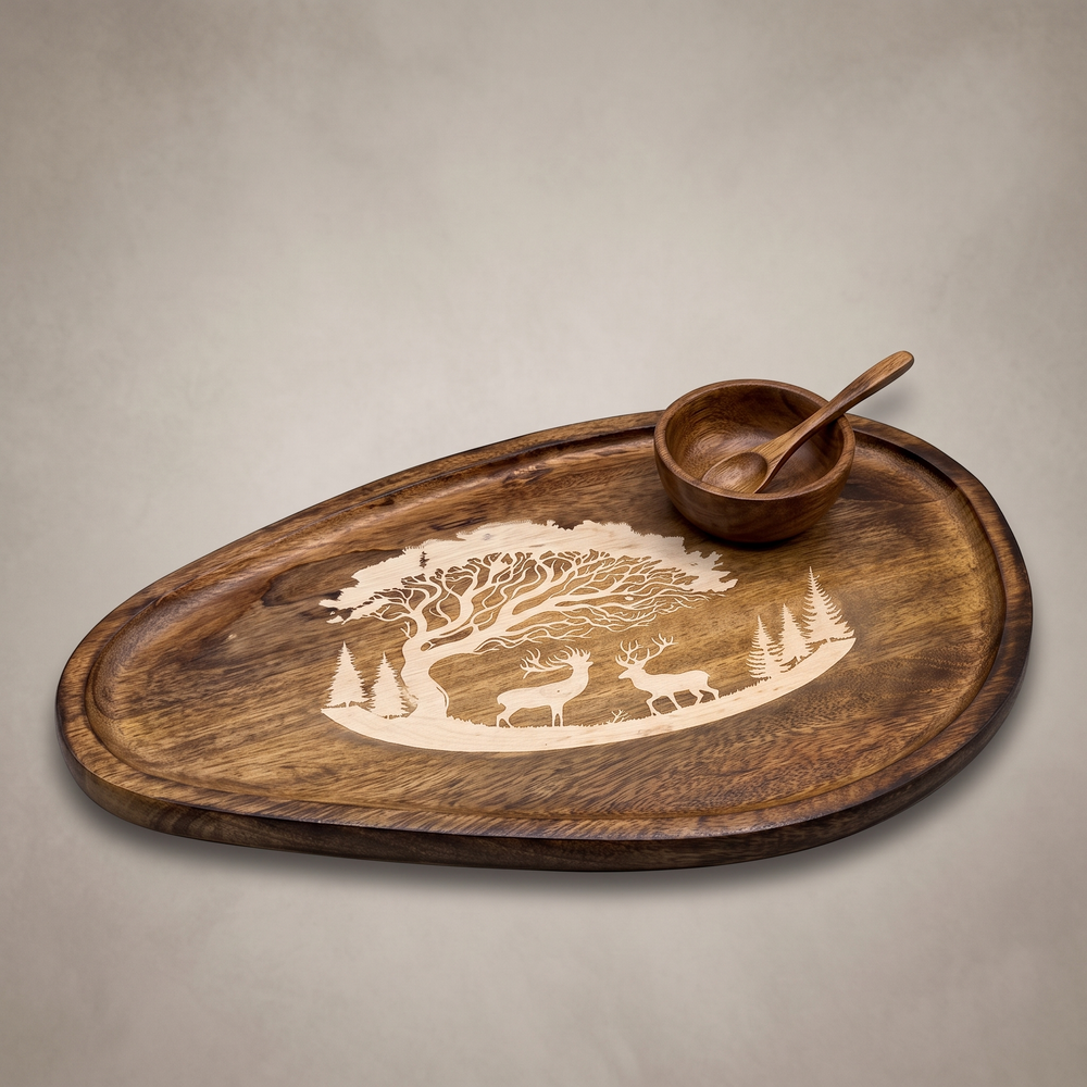 Forest Silhouette White oval platter (with dip bowl and spoon)