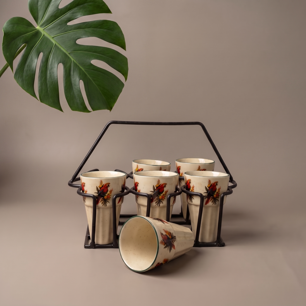 Tropical cutting chai glass set with stand (set of 6)
