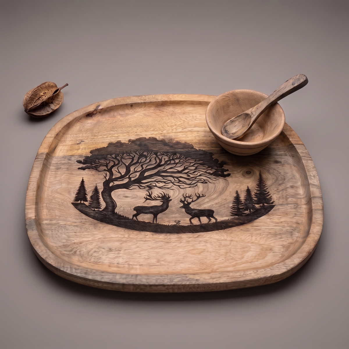Forest Silhouette Black square platter (with dip bowl and spoon)
