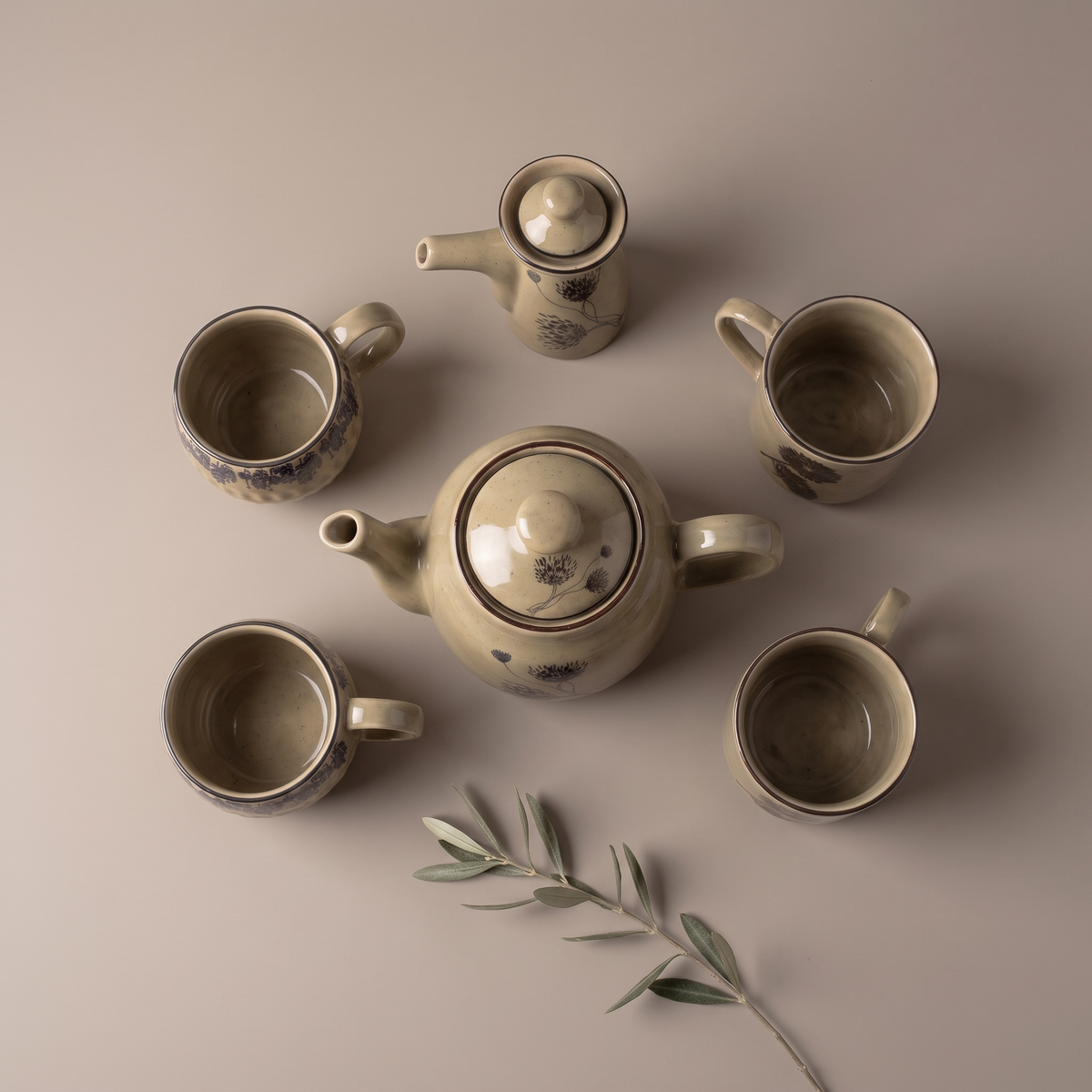Olive & Dandelion tea set (kettle, milk pot and set of 4 mugs)