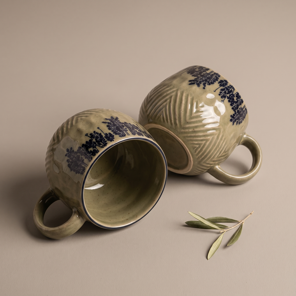 Olive & Dandelion embossed coffee mugs (set of 2)