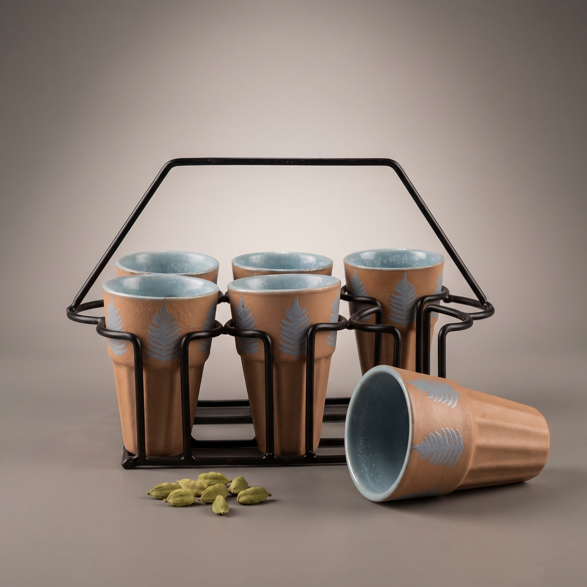 Dual Tone cutting chai glass set with stand (set of 6)