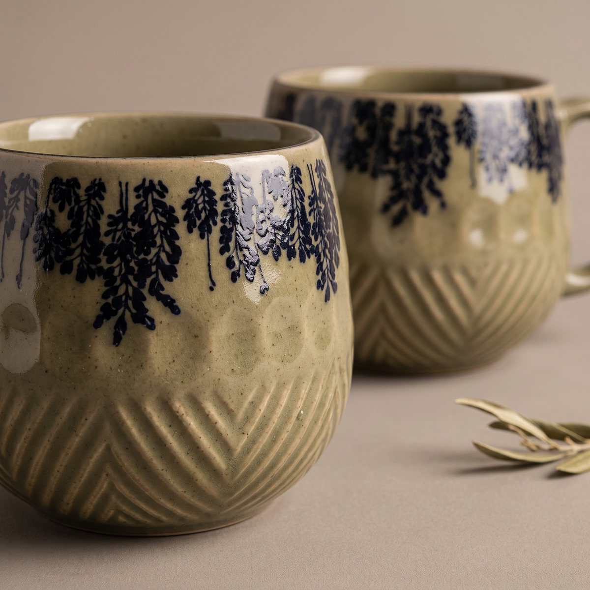 Olive & Dandelion embossed coffee mugs (set of 2)