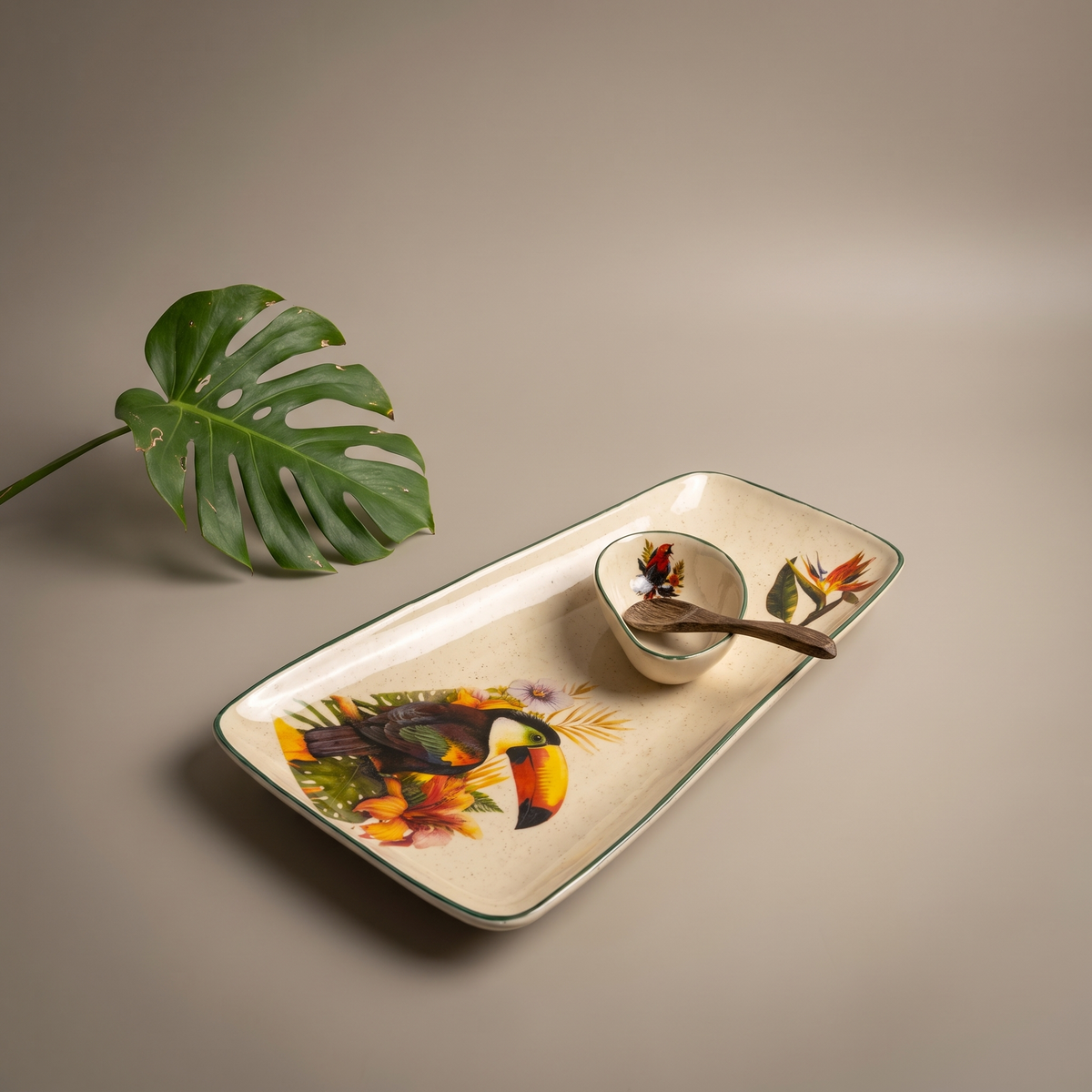 Tropical large rectangular platter (with dip bowl and spoon)