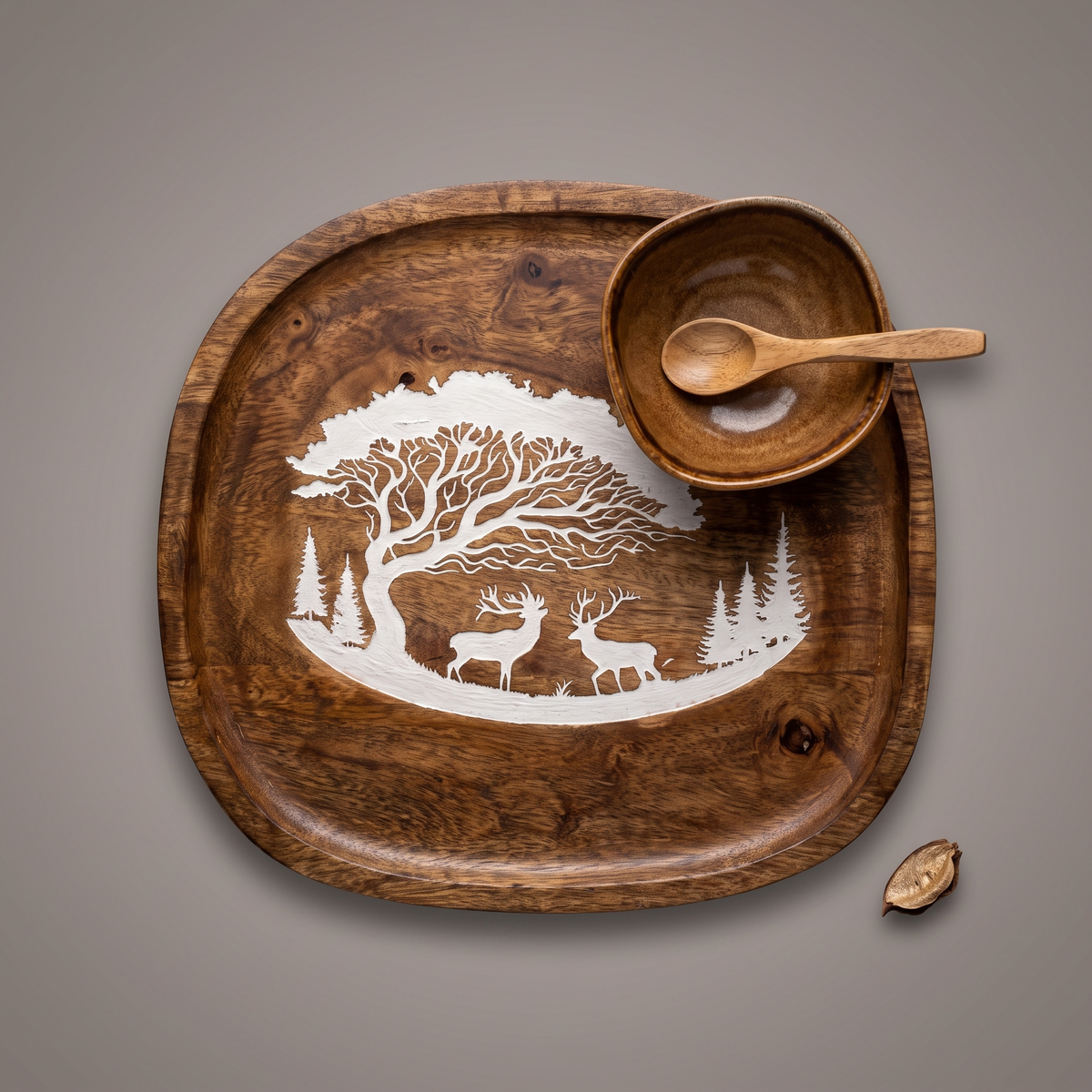 Forest Silhouette White square platter (with dip bowl and spoon)