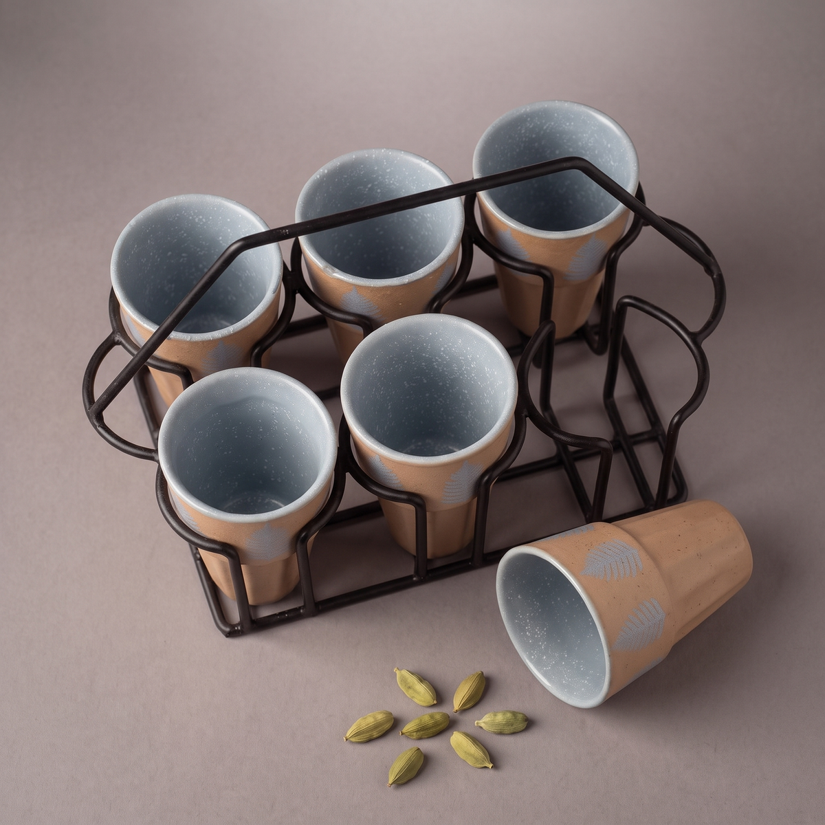 Dual Tone cutting chai glass set with stand (set of 6)