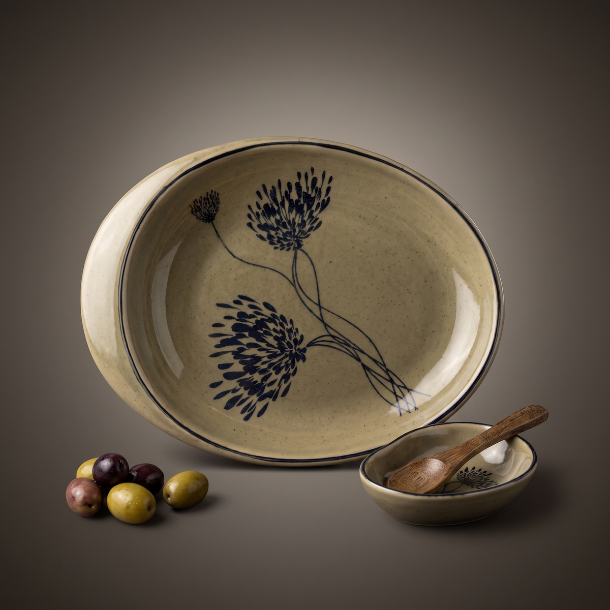 Olive & Dandelion oval platter (with dip bowl and spoon)