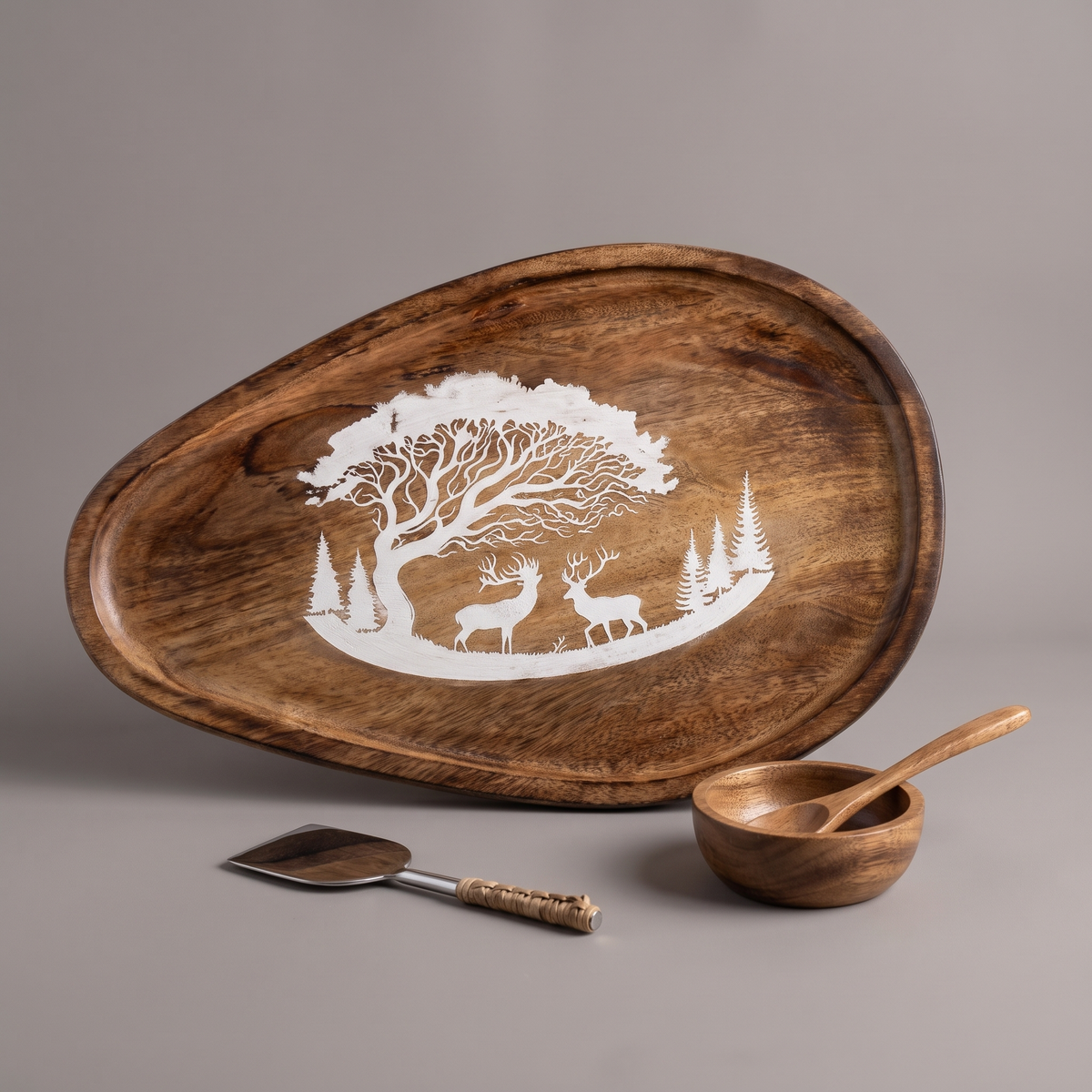 Forest Silhouette White oval platter (with dip bowl and spoon)