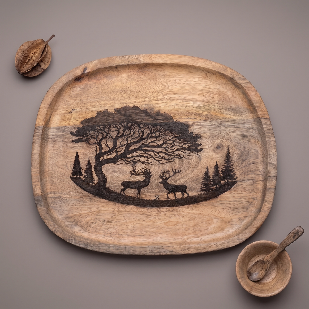 Forest Silhouette Black square platter (with dip bowl and spoon)