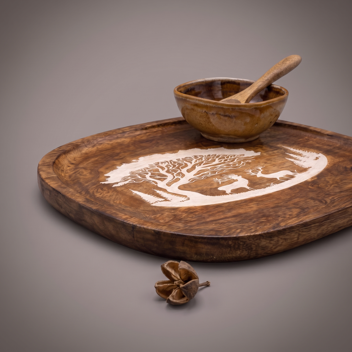 Forest Silhouette White square platter (with dip bowl and spoon)