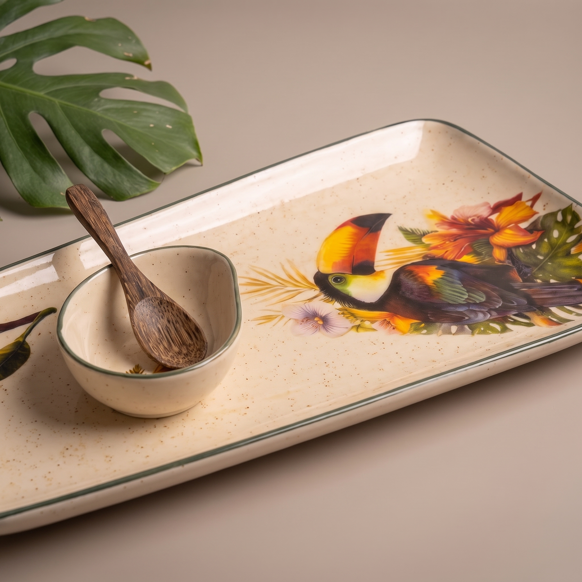 Tropical large rectangular platter (with dip bowl and spoon)