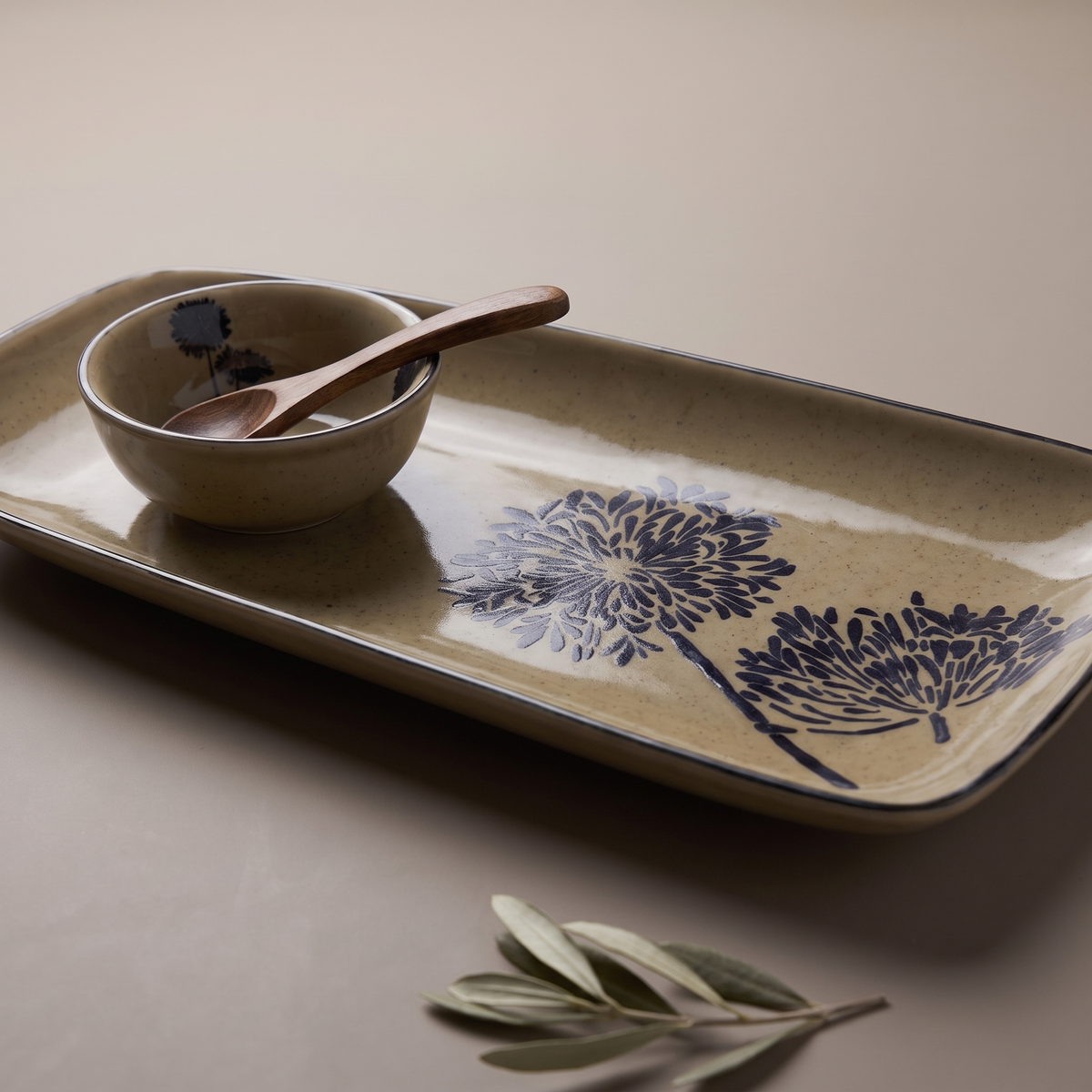 Olive & Dandelion large rectangular platter (with dip bowl & spoon)