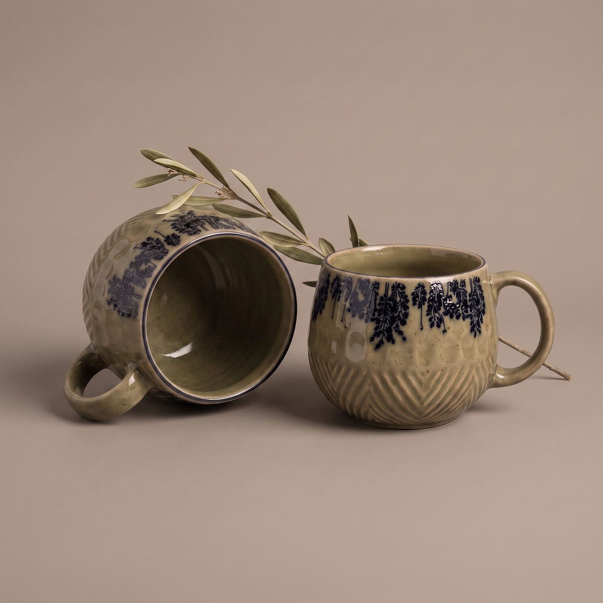 Olive & Dandelion embossed coffee mugs (set of 2)