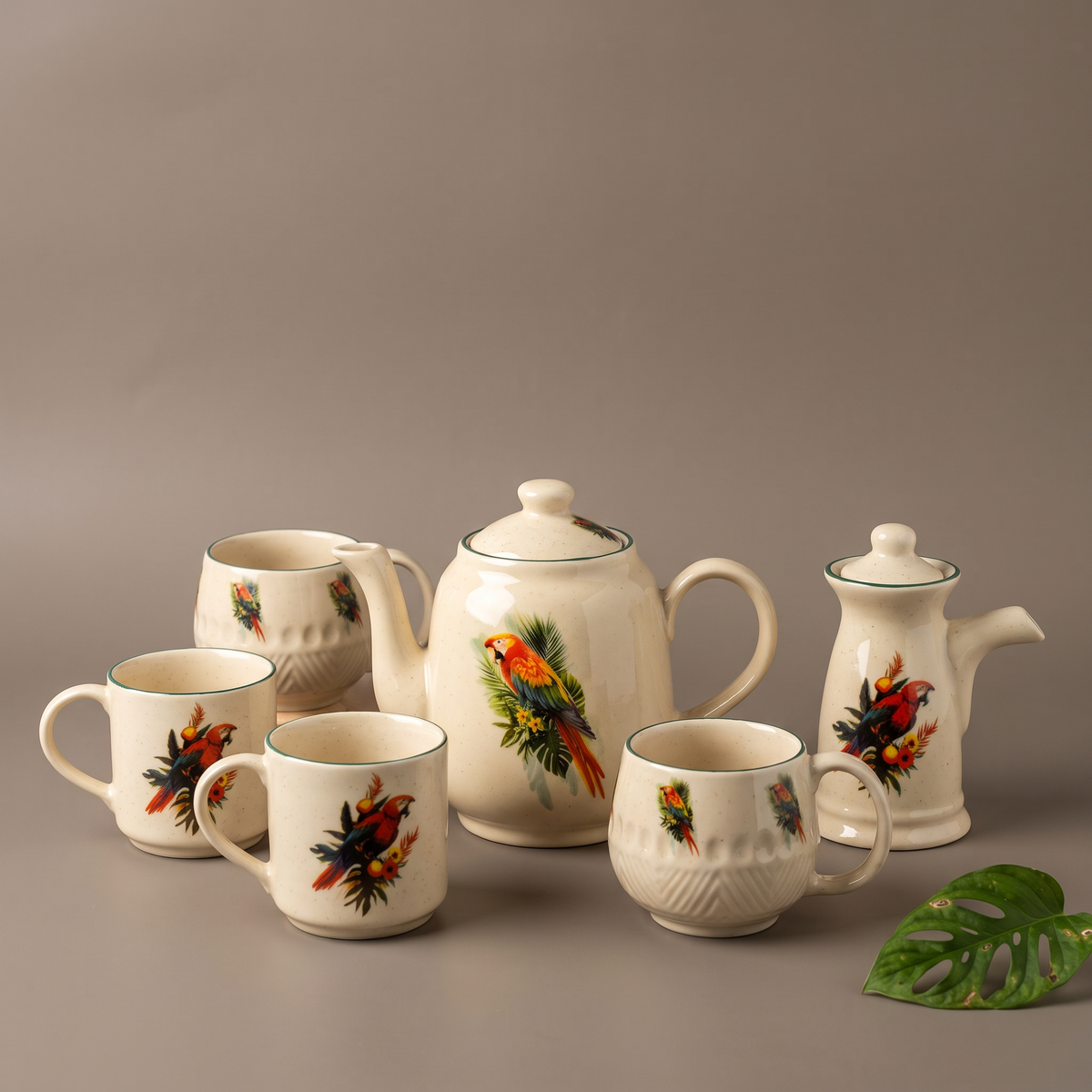 Tropical tea set (kettle, milk pot, cups set of 4)