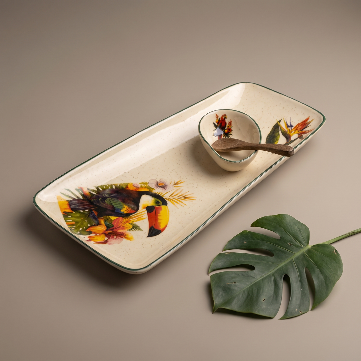 Tropical large rectangular platter (with dip bowl and spoon)