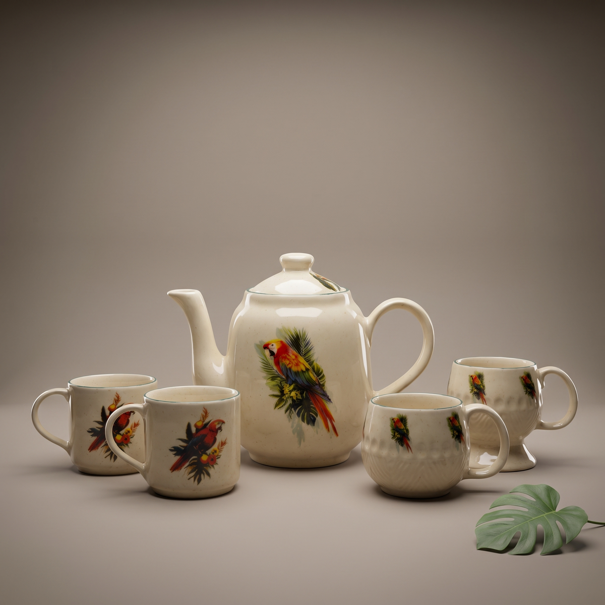 Tropical tea set (kettle, milk pot, cups set of 4)