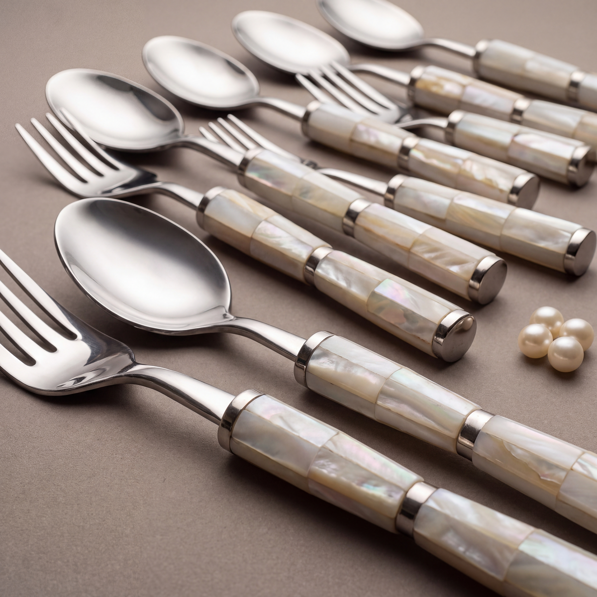 White mother-of-pearl dinner spoons & forks (set of 12)