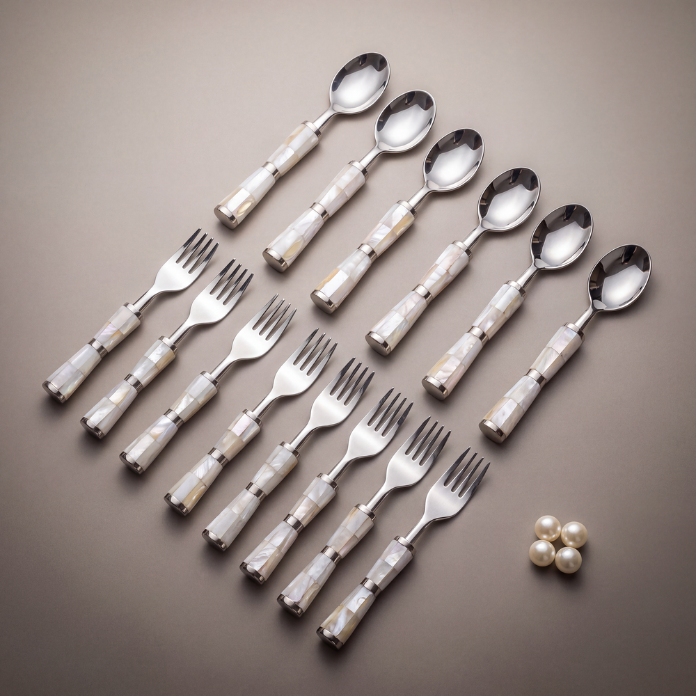 White mother-of-pearl dinner spoons & forks (set of 12)