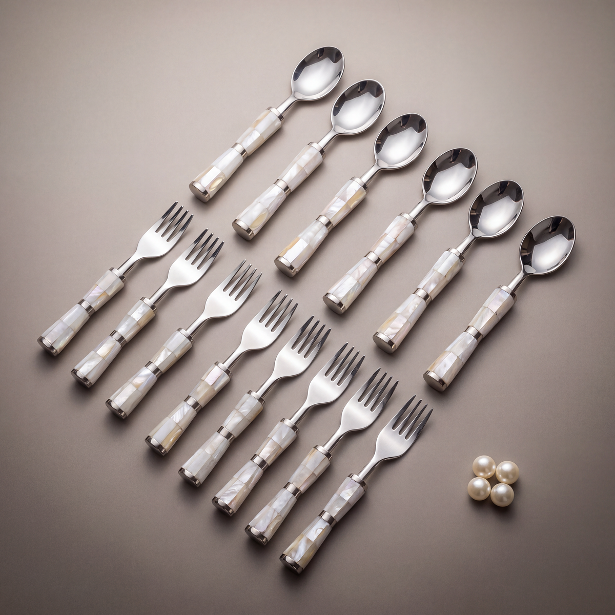 White mother-of-pearl dinner spoons & forks (set of 12)