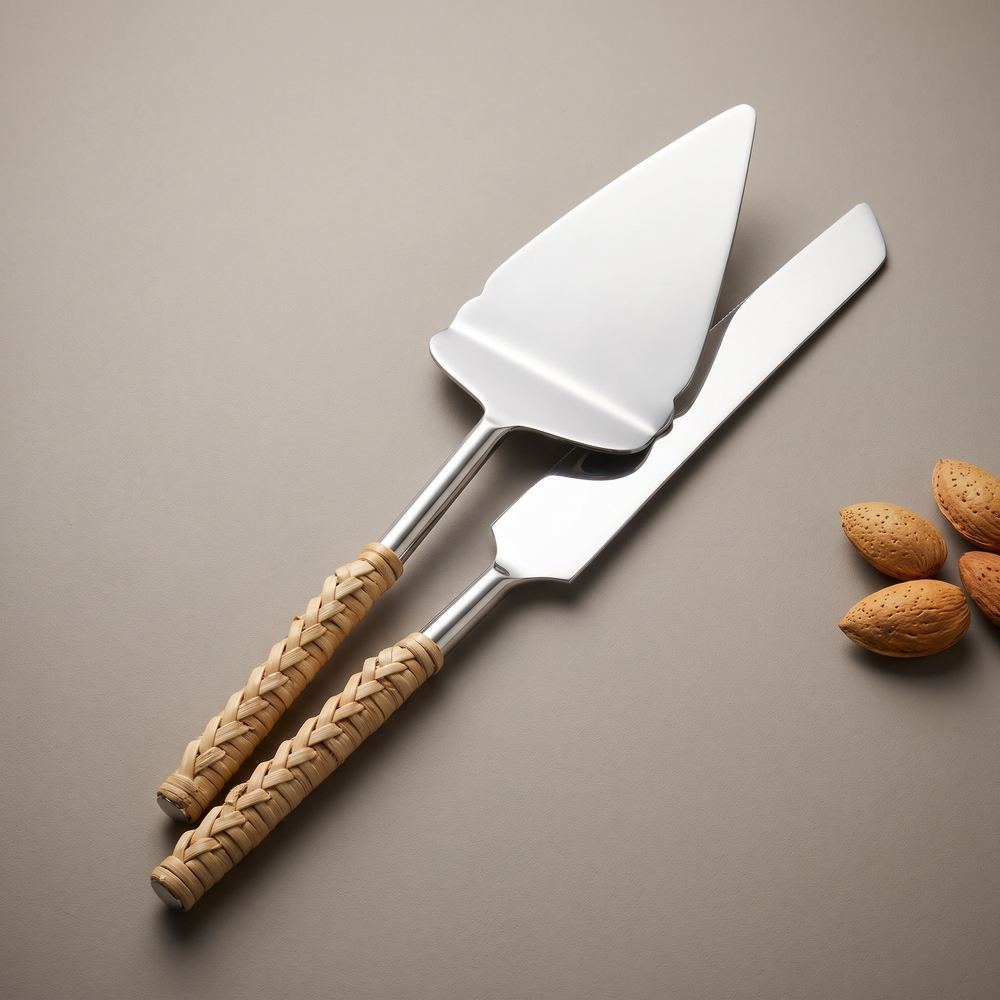 Rattan cake set of 2 (knife with cake lifting spatula)